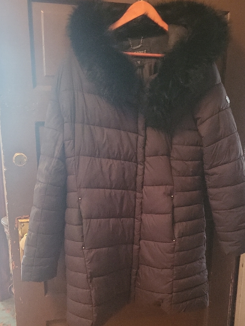 Bernardo Black Quilted Puffer Coat with Faux Fur Hood